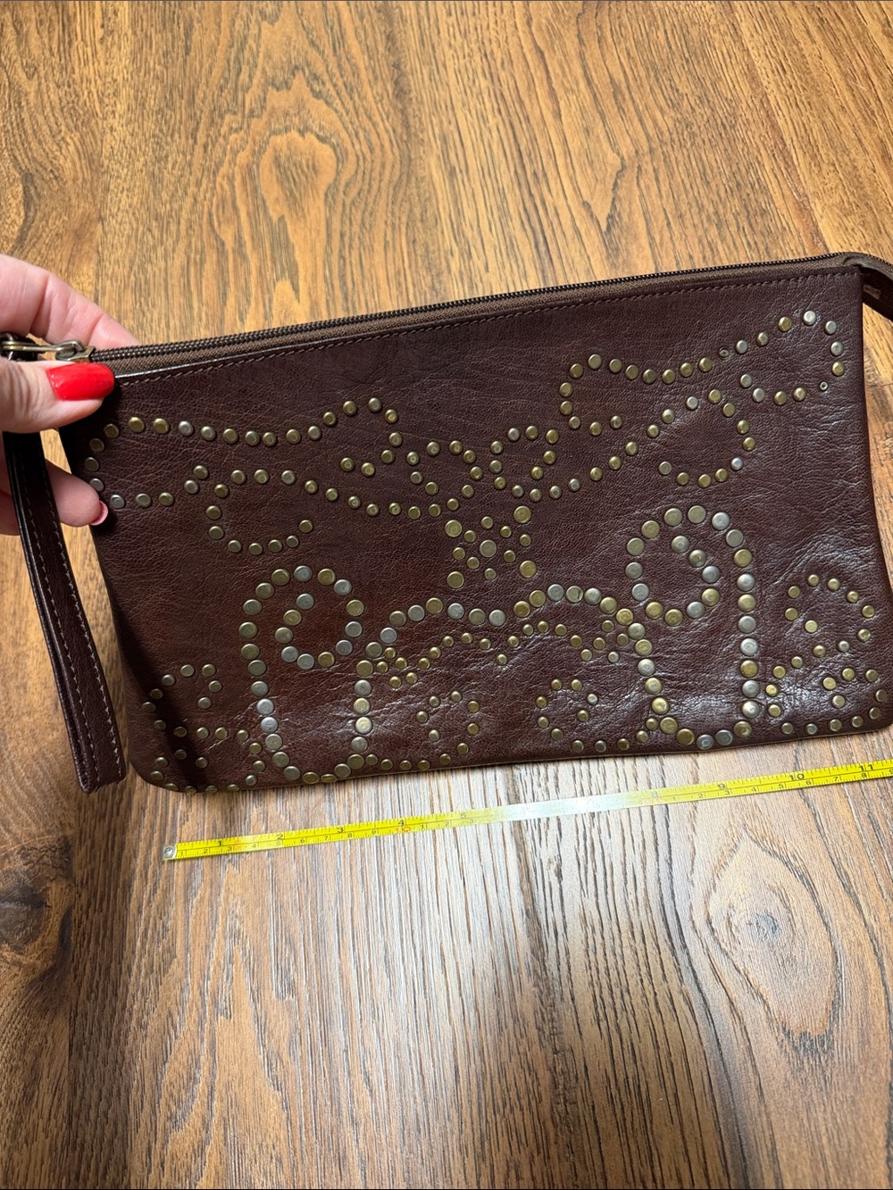 Dark Brown Leather studded Zip Wristlet Clutch